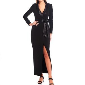 Eliza J Long Sleeve Tuxedo Satin Collar Faux Wrap Gown Black Size 4 NWT